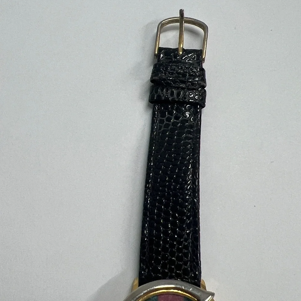 Vintage Watch Green-Red-Green Dial Black Lizard Embossed Leather Strap